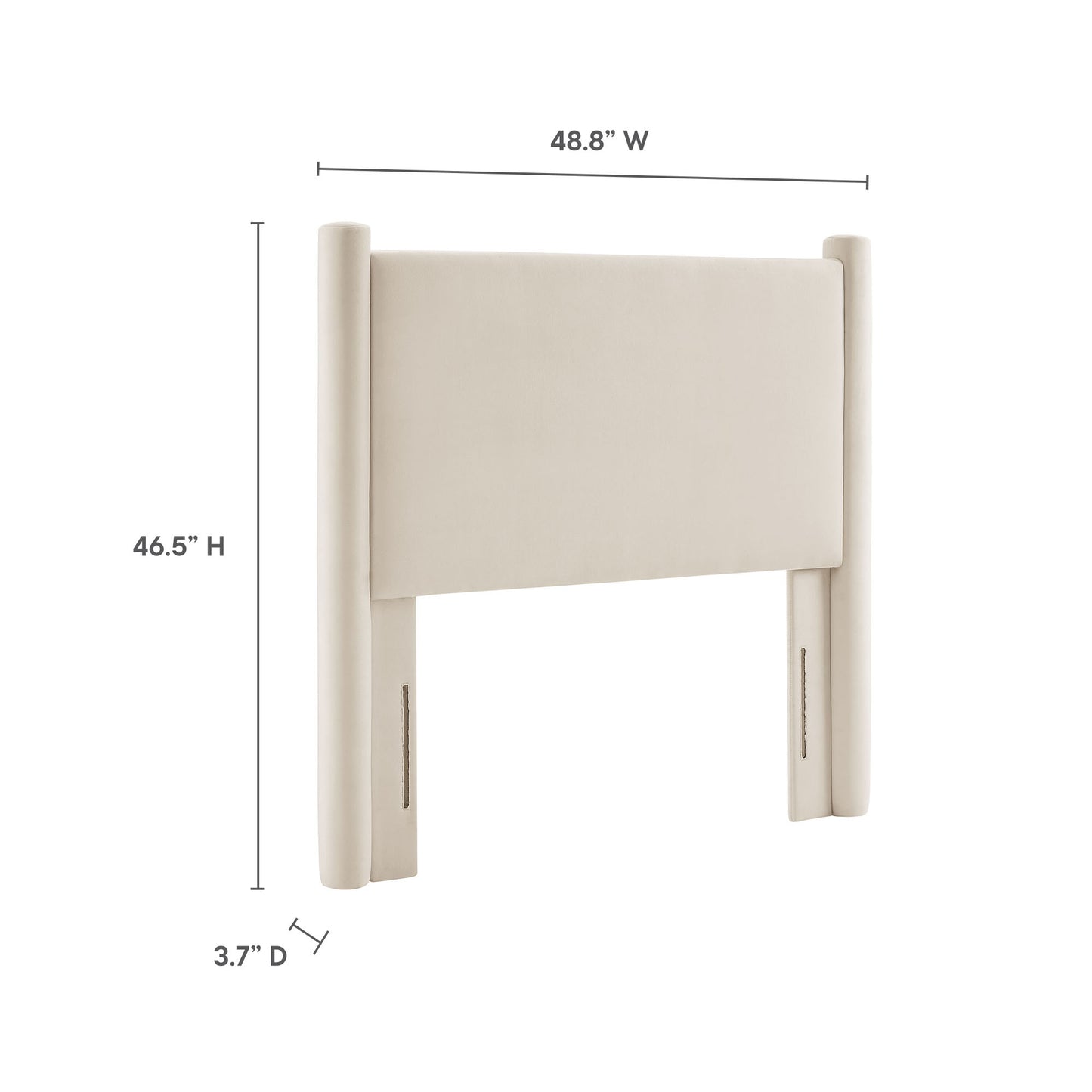 Ivory fabric upholstered twin headboard with rounded posts and padded panel; modern bed centerpiece.