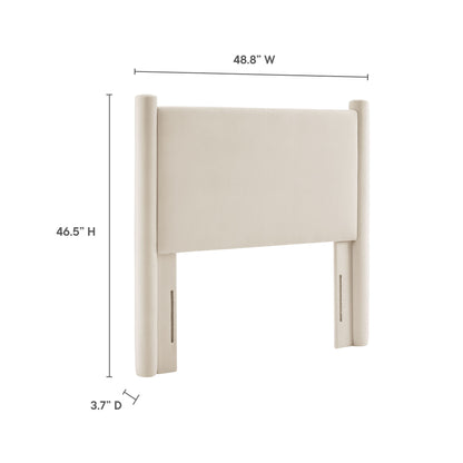 Ivory fabric upholstered twin headboard with rounded posts and padded panel; modern bed centerpiece.