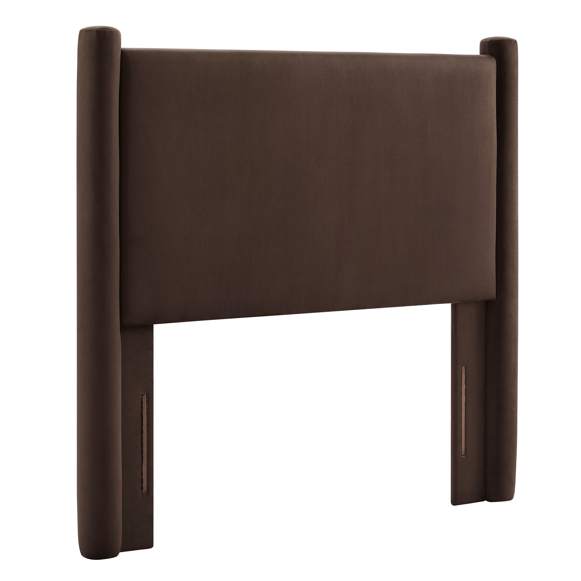 Brown velvet twin headboard with tall rounded posts, modern design.