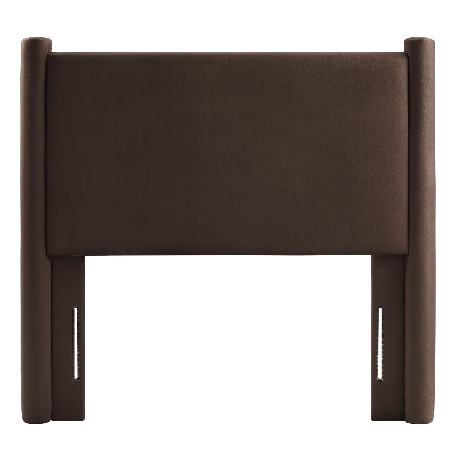 Dark brown upholstered twin headboard with tall rounded posts and a wide central panel.