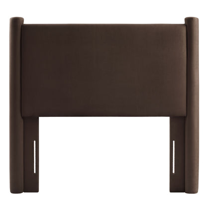 Dark brown upholstered twin headboard with tall rounded posts and a wide central panel.