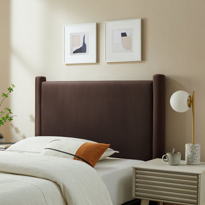 Dark brown velvet twin headboard, tall and upholstered.