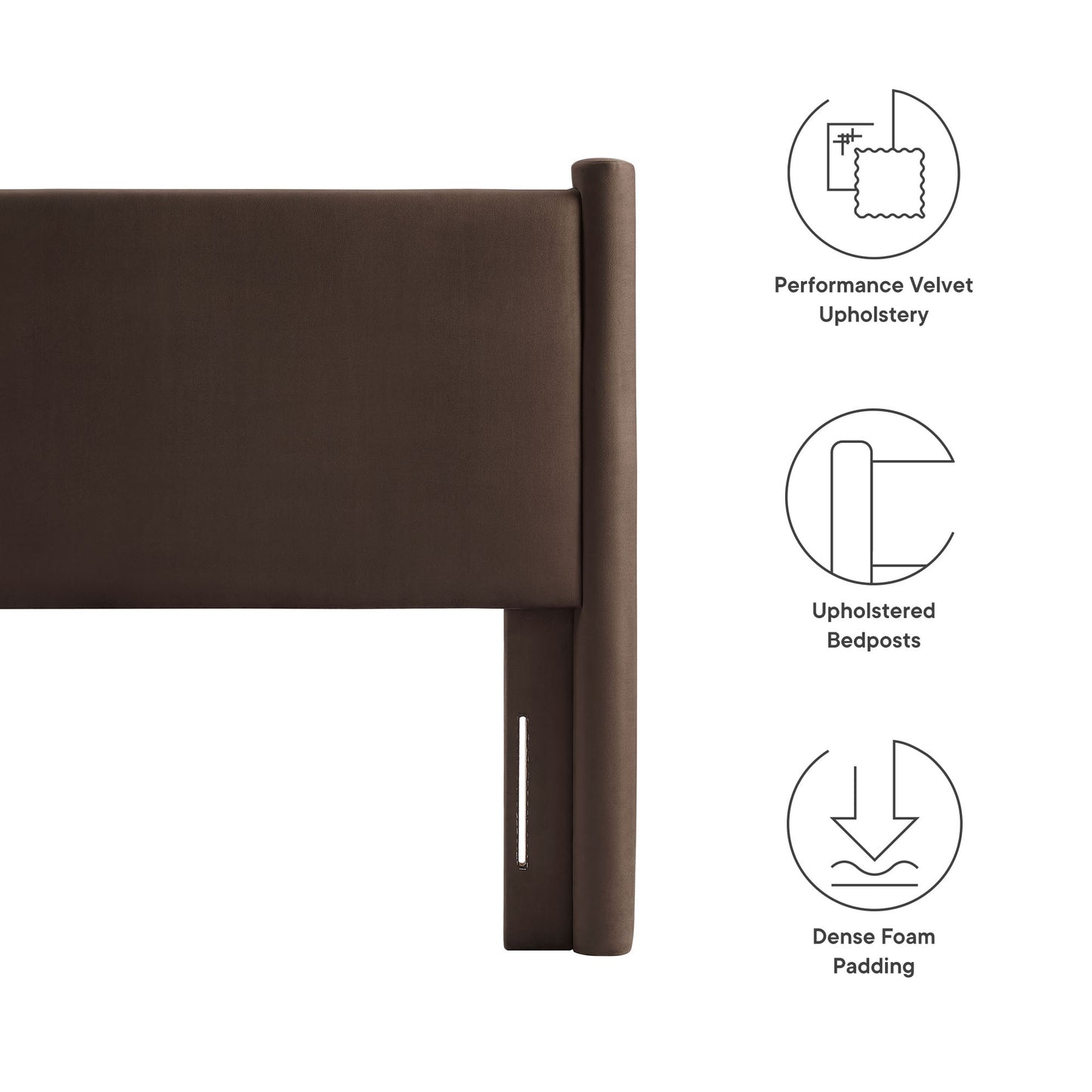 Chocolate brown performance velvet upholstered headboard with unbolstered bedposts & dense foam padding