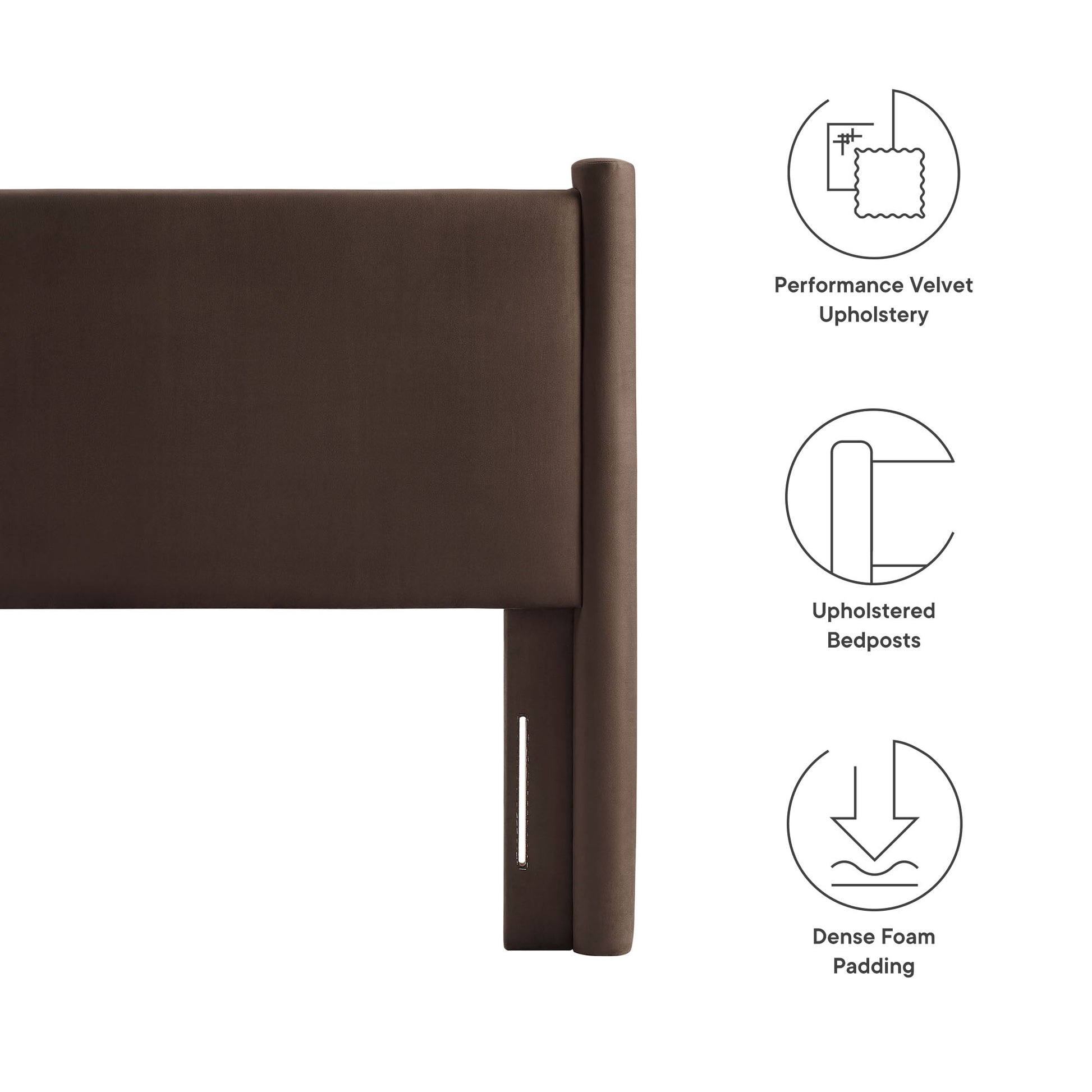 Chocolate brown performance velvet upholstered headboard with unbolstered bedposts & dense foam padding