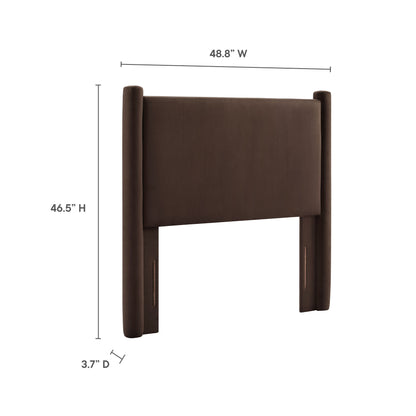 Chocolate brown leather headboard with tall rounded posts and upholstered panel; modern style, 48.8W x 46.5H x 3.7D.