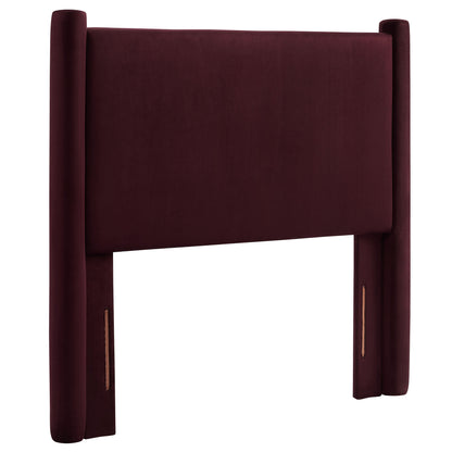 Purple velvet upholstered twin headboard with tall cylindrical side posts and a padded central panel.