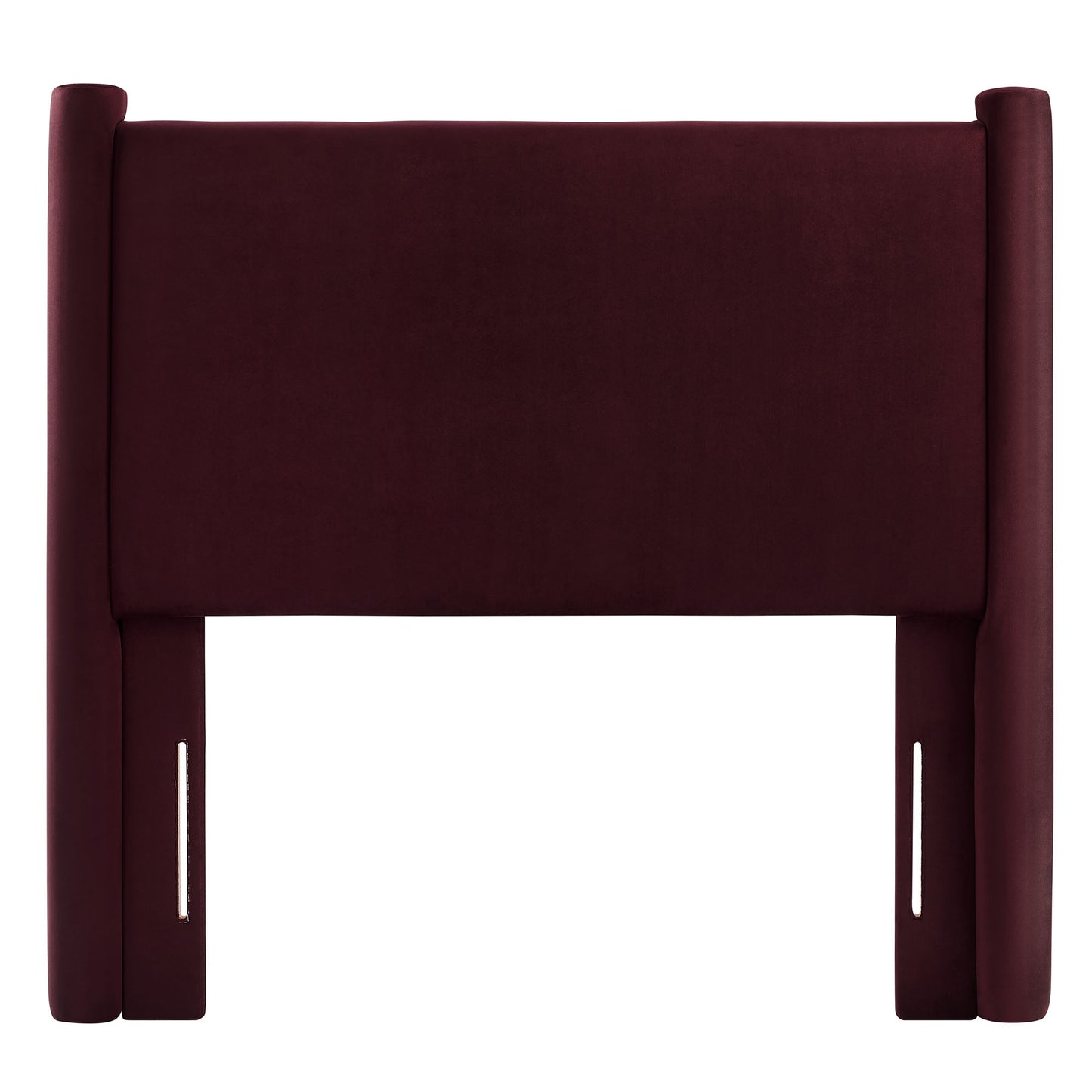 Purple upholstered twin headboard with padded central panel and tall side posts.