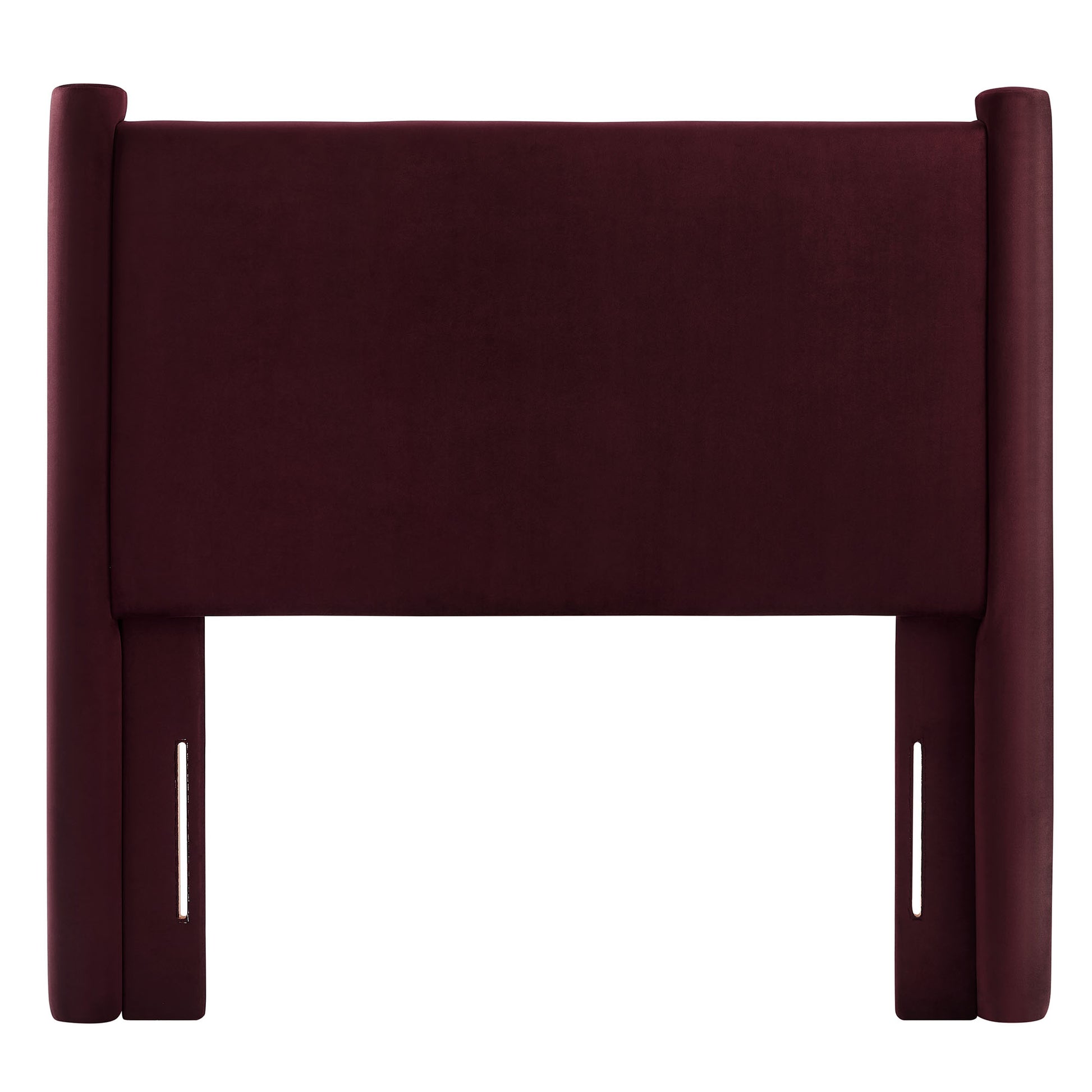 Purple upholstered twin headboard with padded central panel and tall side posts.