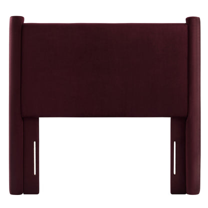 Purple upholstered twin headboard with padded central panel and tall side posts.