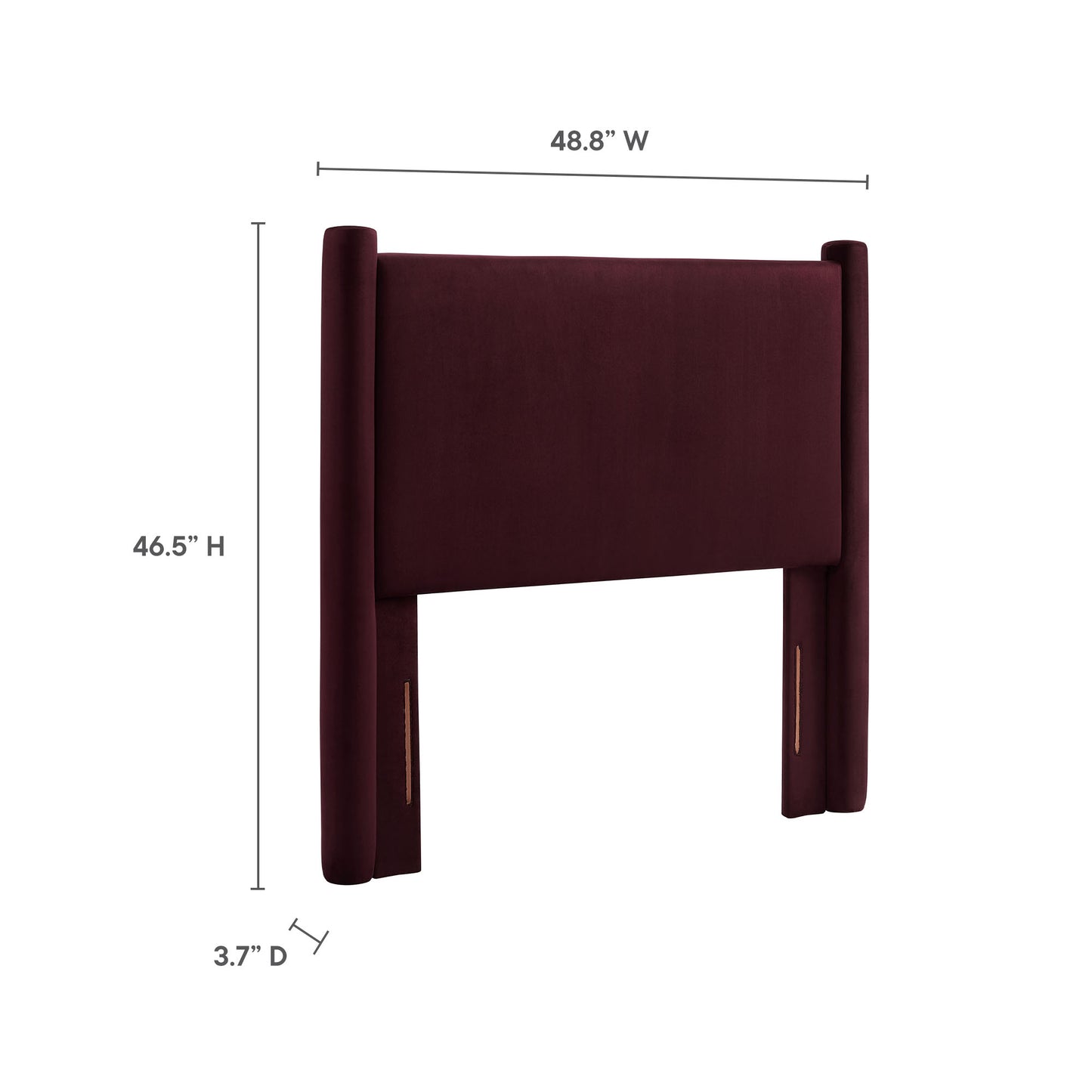 Purple velvet twin headboard with tall rolled side posts; 48.8in W x 46.5in H, 3.7in D.