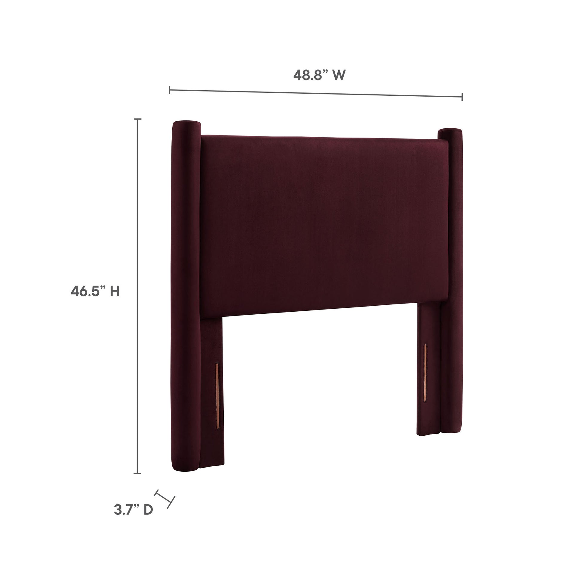 Purple velvet twin headboard with tall rolled side posts; 48.8in W x 46.5in H, 3.7in D.