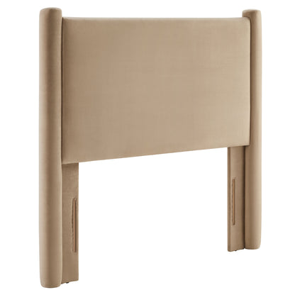 Taupe fabric upholstered headboard with padded panel and rounded cylindrical posts, modern bed centerpiece.