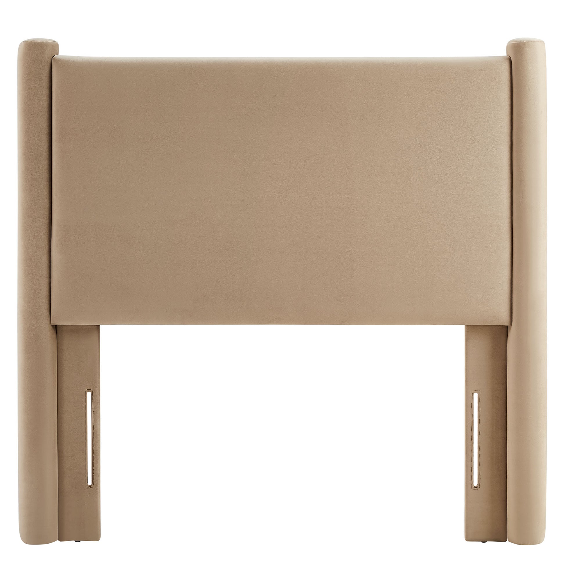 Taupe fabric upholstered headboard with padded rectangular panel and rounded side posts.