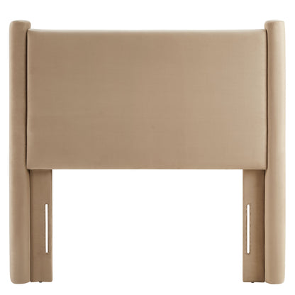 Taupe fabric upholstered headboard with padded rectangular panel and rounded side posts.