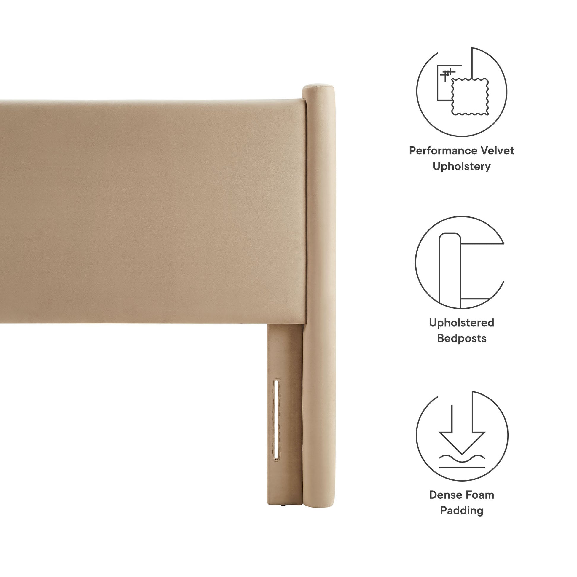 Taupe velvet upholstered twin headboard with rounded posts and dense foam padding.