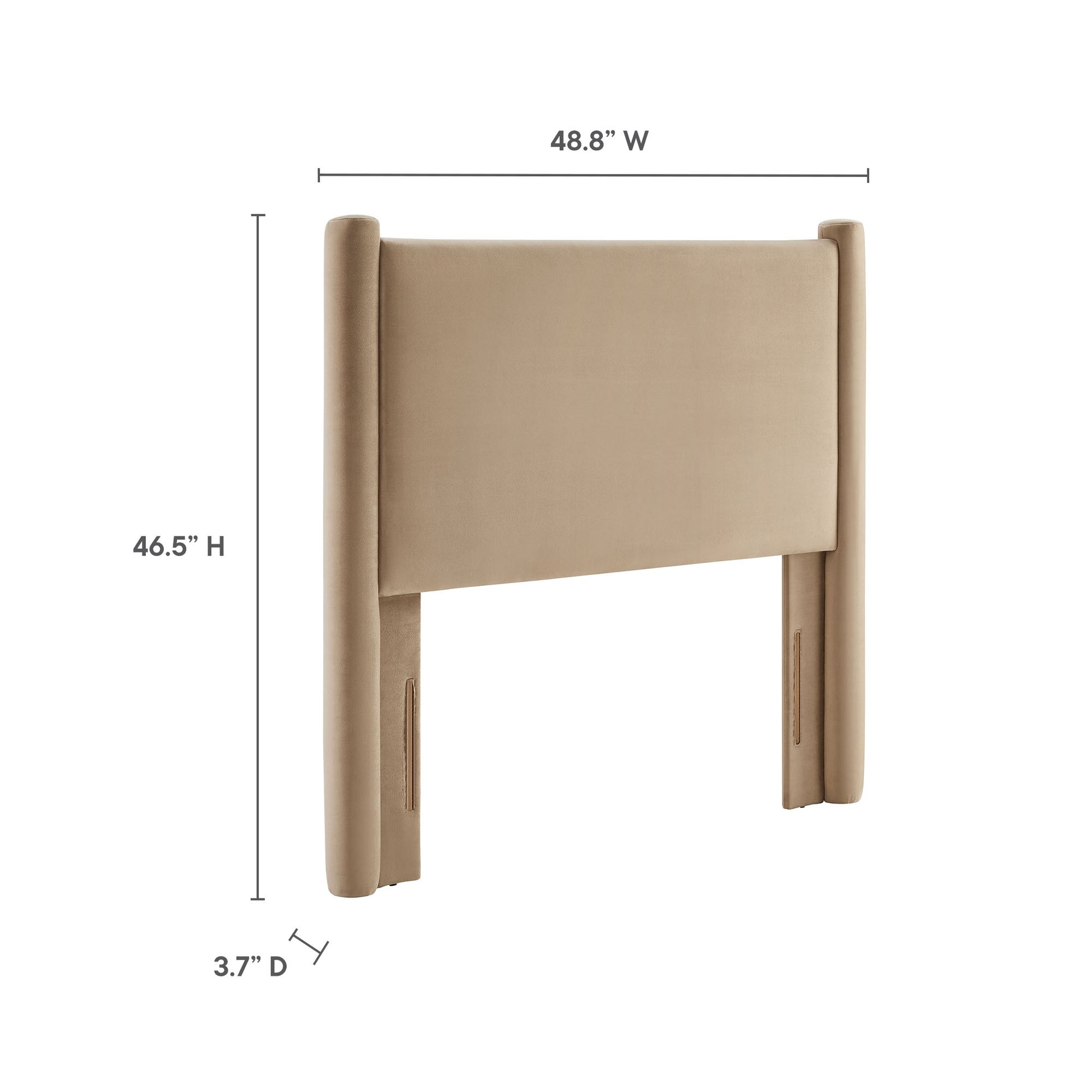 Taupe upholstered bed headboard with padded panel & rounded posts; modern fabric, 48.8"W x 46.5"H x 3.7"D.