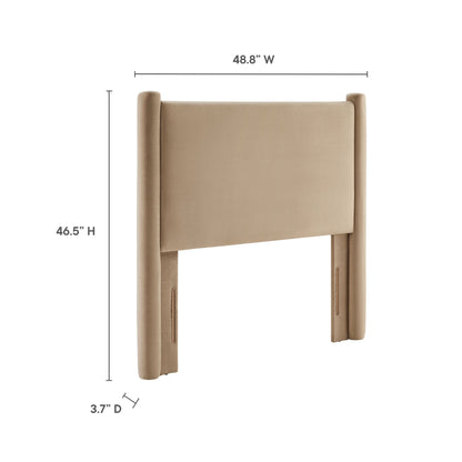 Taupe upholstered bed headboard with padded panel & rounded posts; modern fabric, 48.8"W x 46.5"H x 3.7"D.