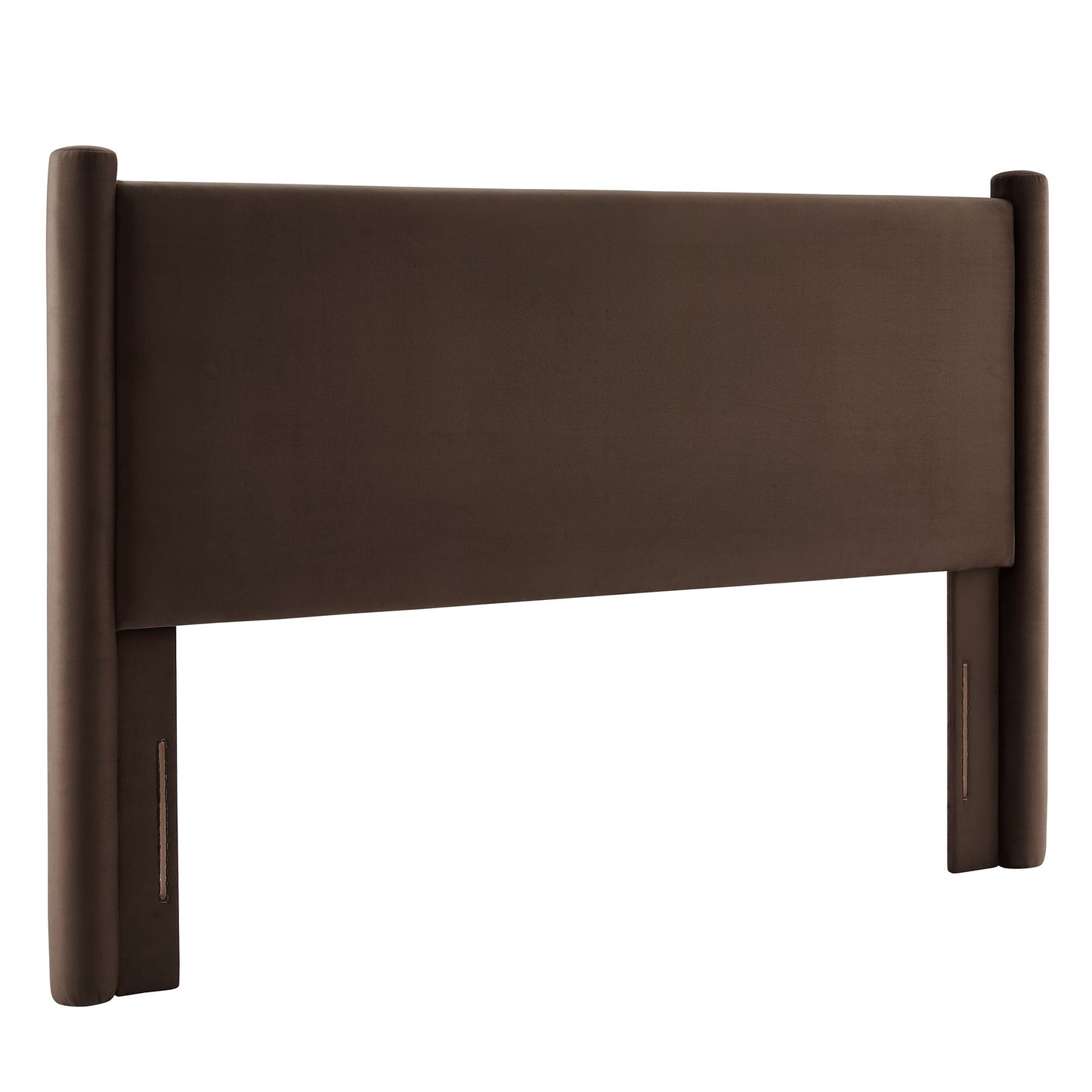Brown velvet upholstered headboard with chunky cylindrical posts, a contemporary bed centerpiece.