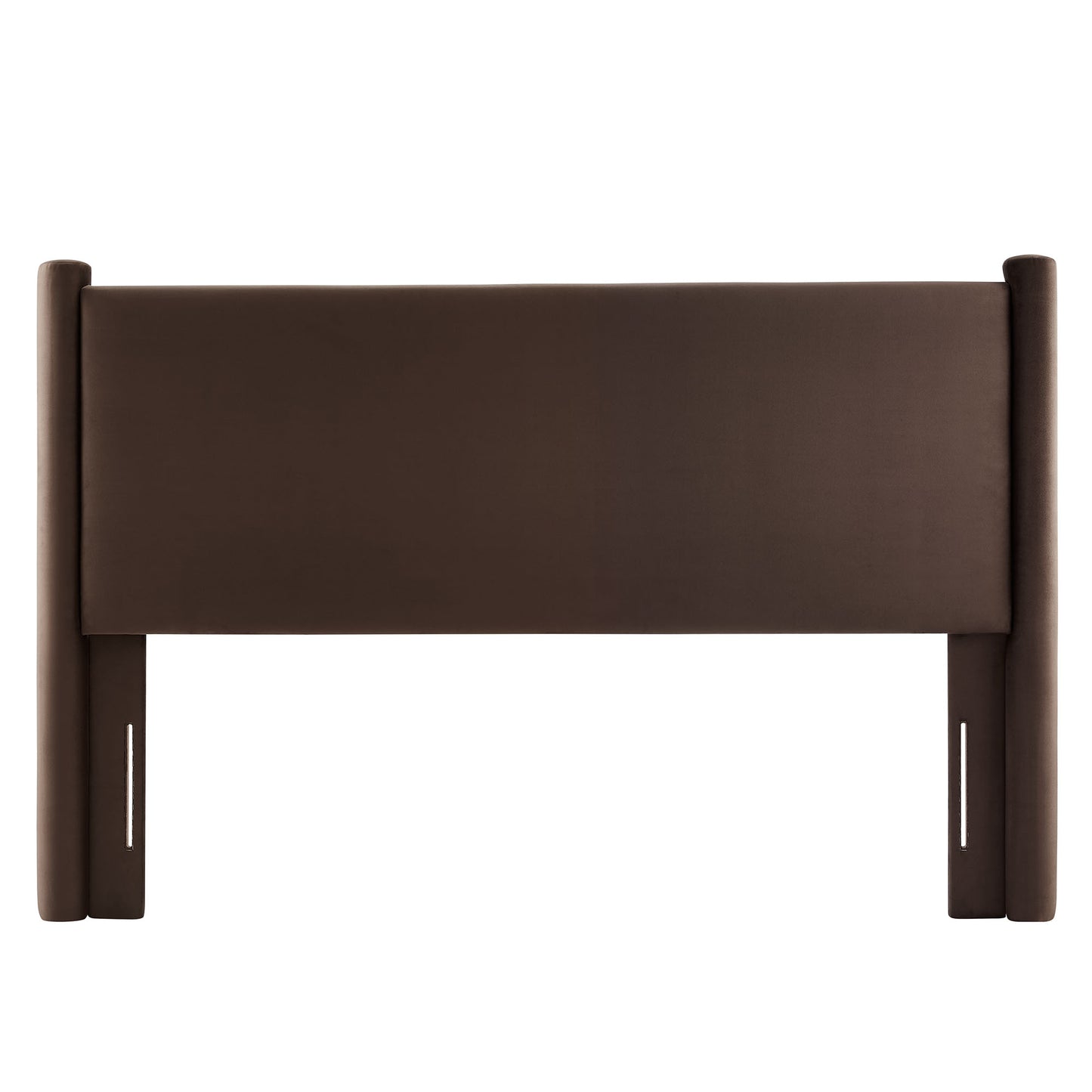 Dark brown velvet upholstered headboard with rounded posts and a wide rectangular panel.