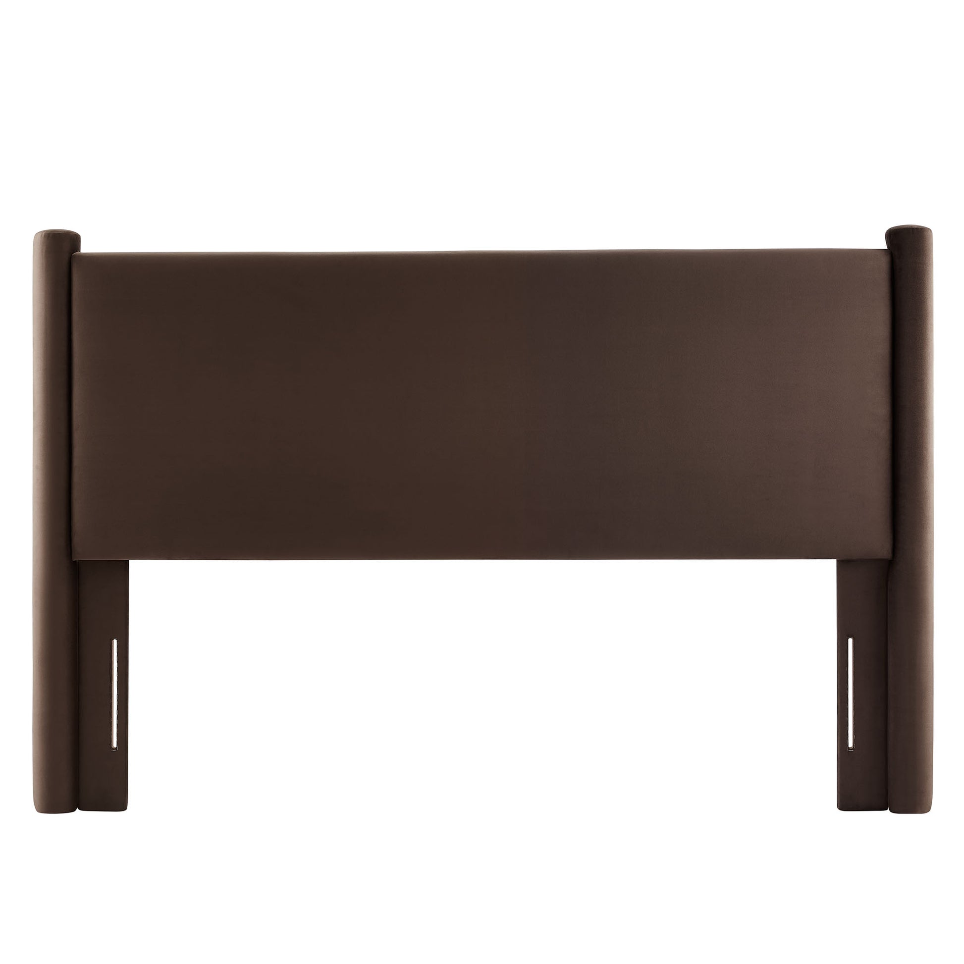 Dark brown velvet upholstered headboard with rounded posts and a wide rectangular panel.