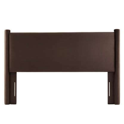 Dark brown velvet upholstered headboard with rounded posts and a wide rectangular panel.
