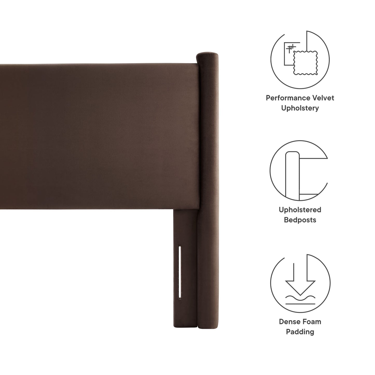 Chocolate-brown velvet upholstered full headboard with rounded posts; dense foam padding.