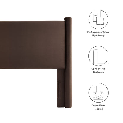 Chocolate-brown velvet upholstered full headboard with rounded posts; dense foam padding.