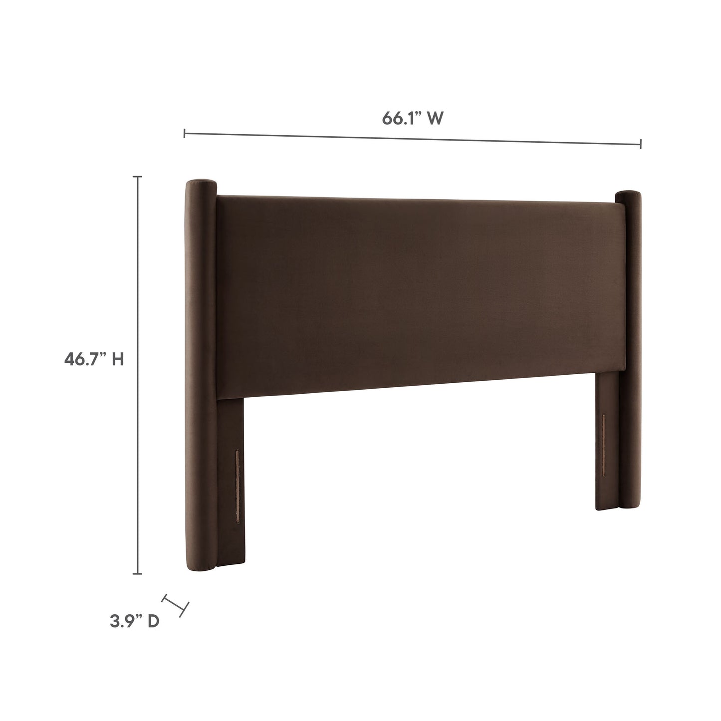 Dark brown fabric-upholstered headboard with chunky wooden posts and a curved central panel for a full-size bed