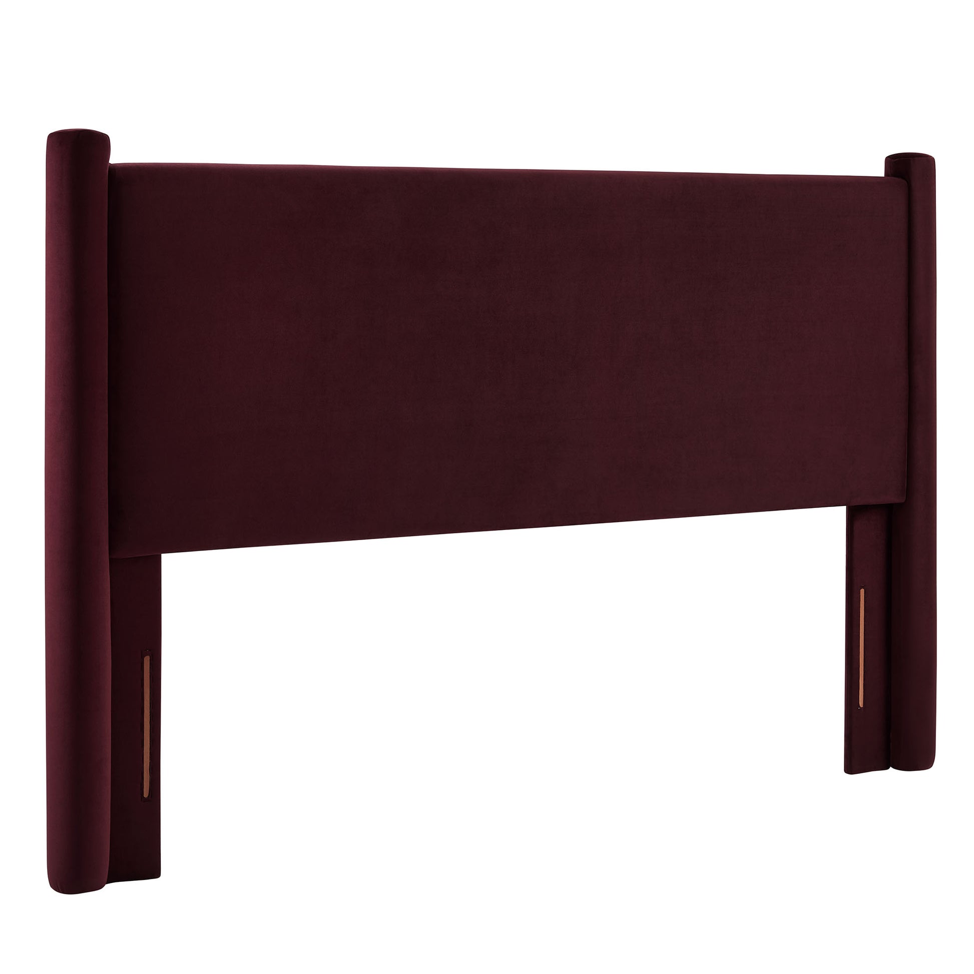 Purple velvet full headboard with panel design and tall cylindrical posts.
