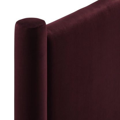 Purple velvet full headboard with a tall upholstered panel.