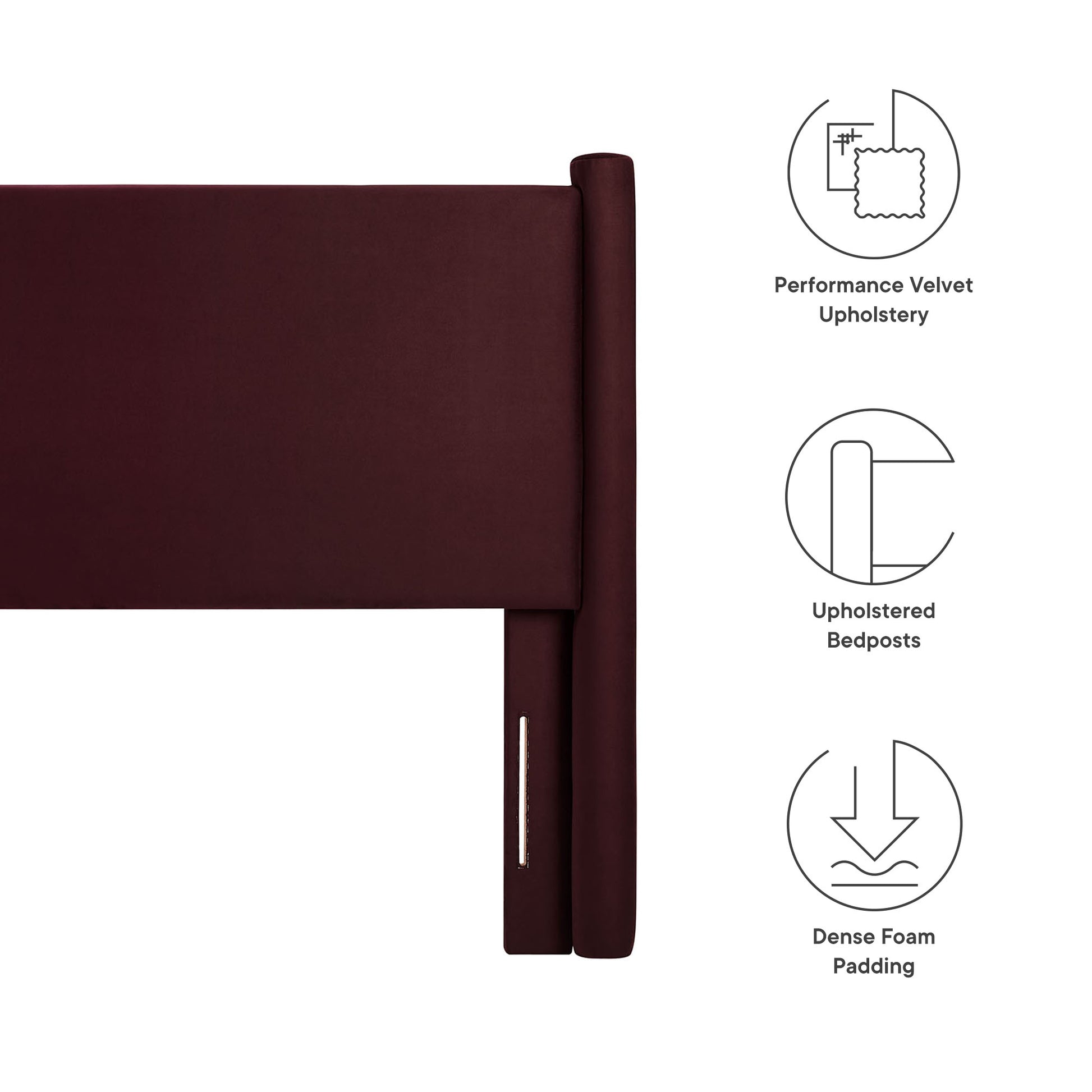 Purple velvet upholstered full headboard with a rounded cylindrical post; dense foam padding.