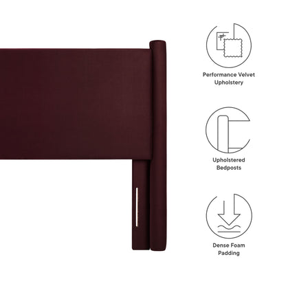 Purple velvet upholstered full headboard with a rounded cylindrical post; dense foam padding.