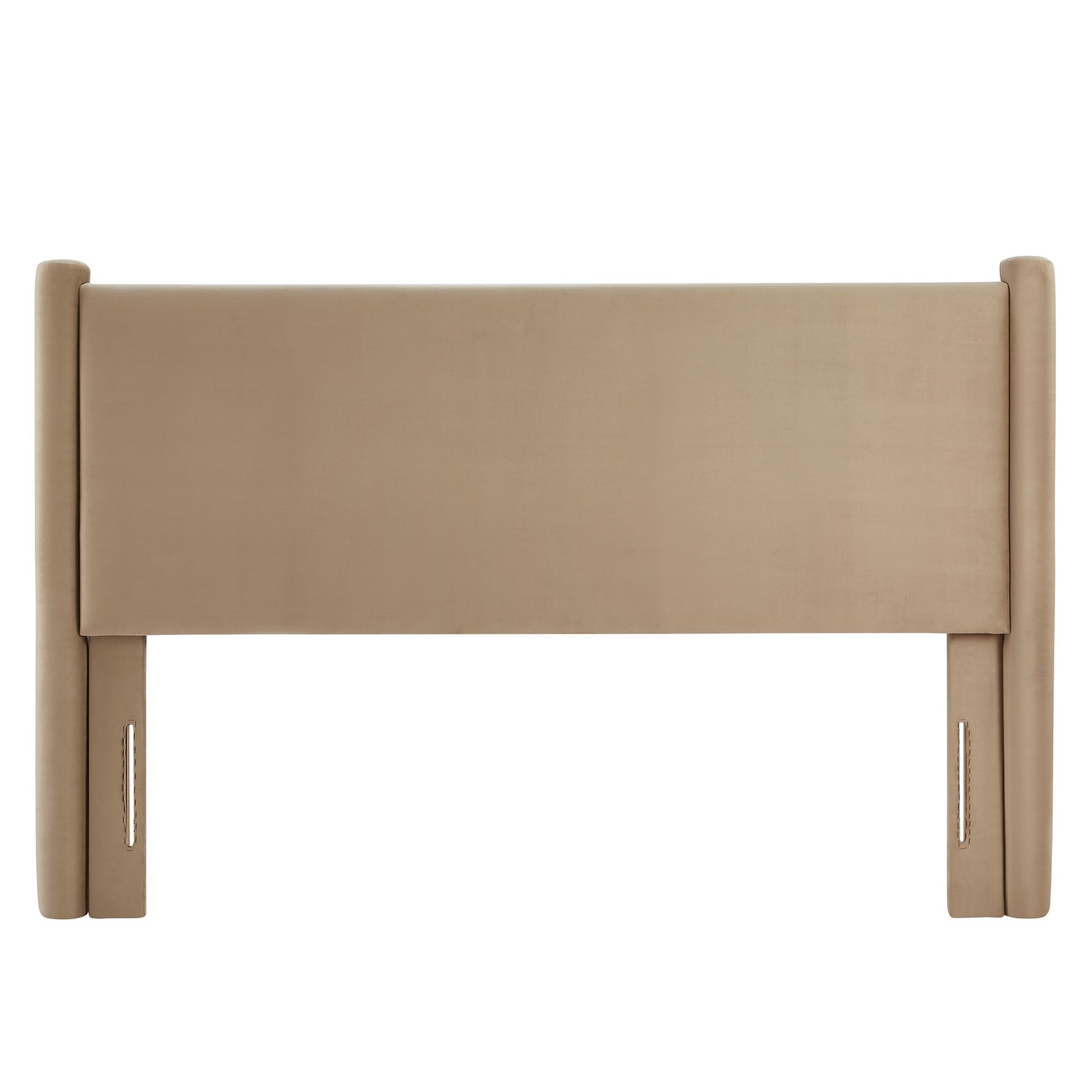 Taupe fabric-upholstered headboard with wood frame and rounded end posts for a modern bed.