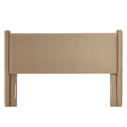 Taupe fabric-upholstered headboard with wood frame and rounded end posts for a modern bed.