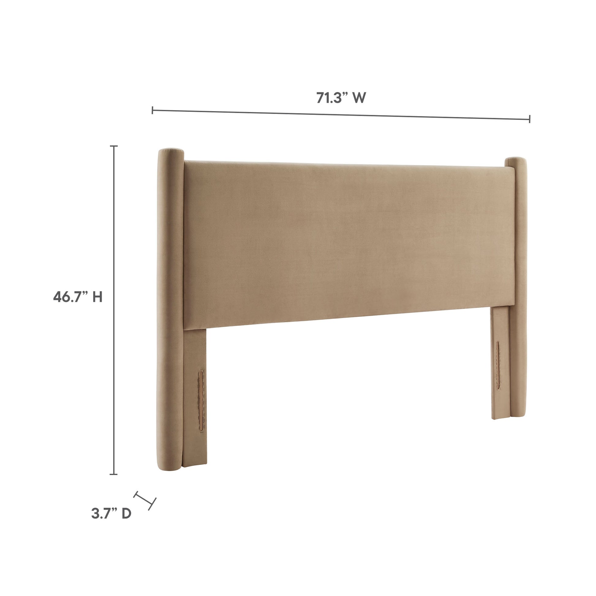 Taupe upholstered bed headboard with padded rectangular panel and rounded end posts; 71.3W x 46.7H x 3.7D.