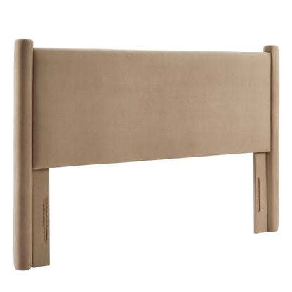 Taupe fabric upholstered headboard with rounded wooden posts, modern transitional style.