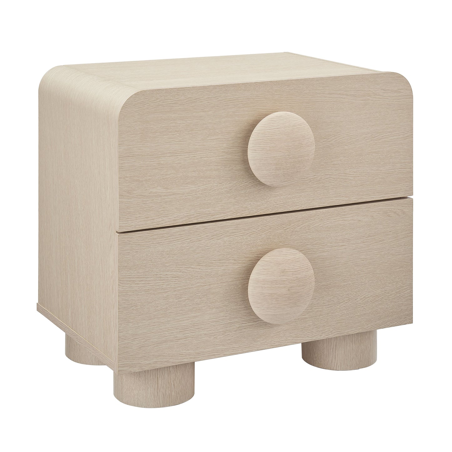 Natural ash wood two-drawer nightstand with rounded edges, circular knobs and short cylindrical feet.