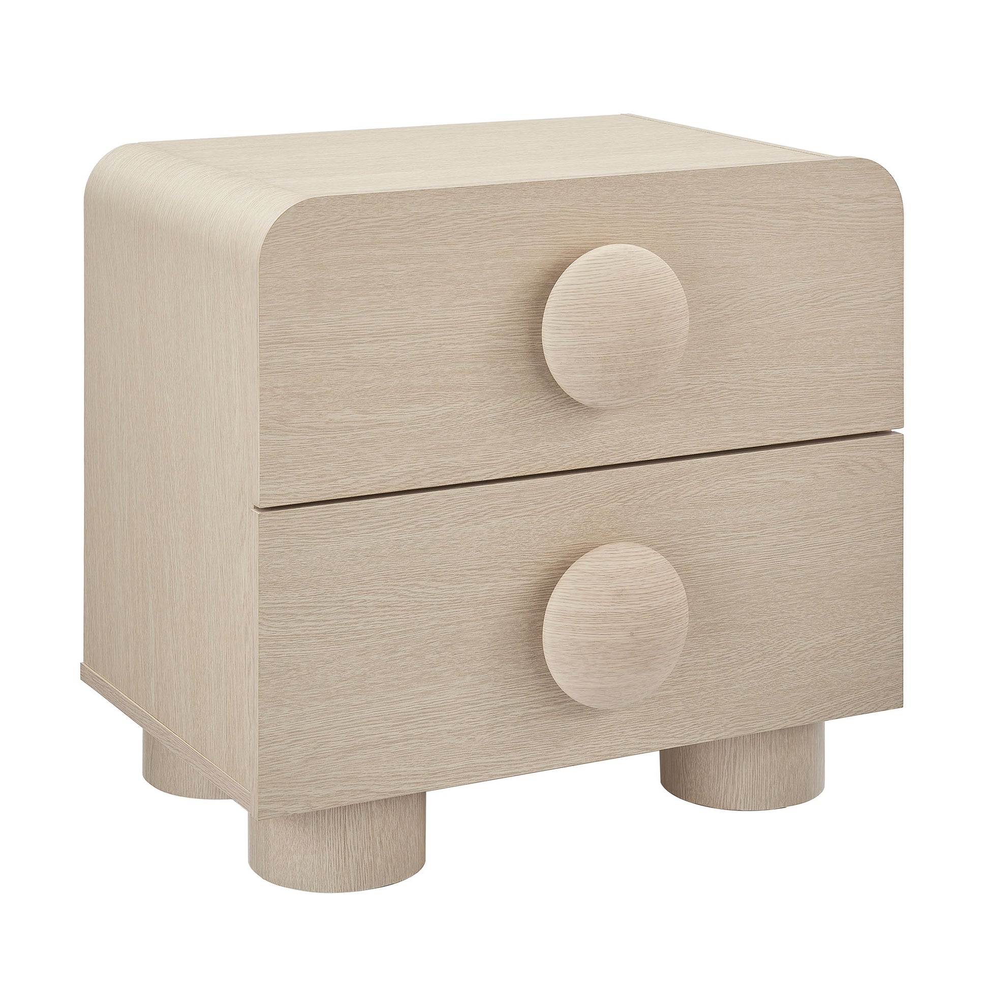 Natural ash wood two-drawer nightstand with rounded edges, circular knobs and short cylindrical feet.