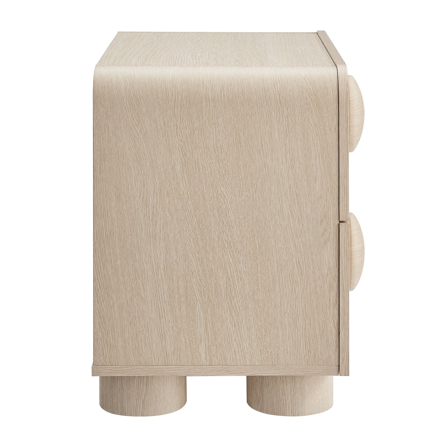 Light ash wood mini cabinet with two round drawer knobs, rectangular box on short cylindrical feet.