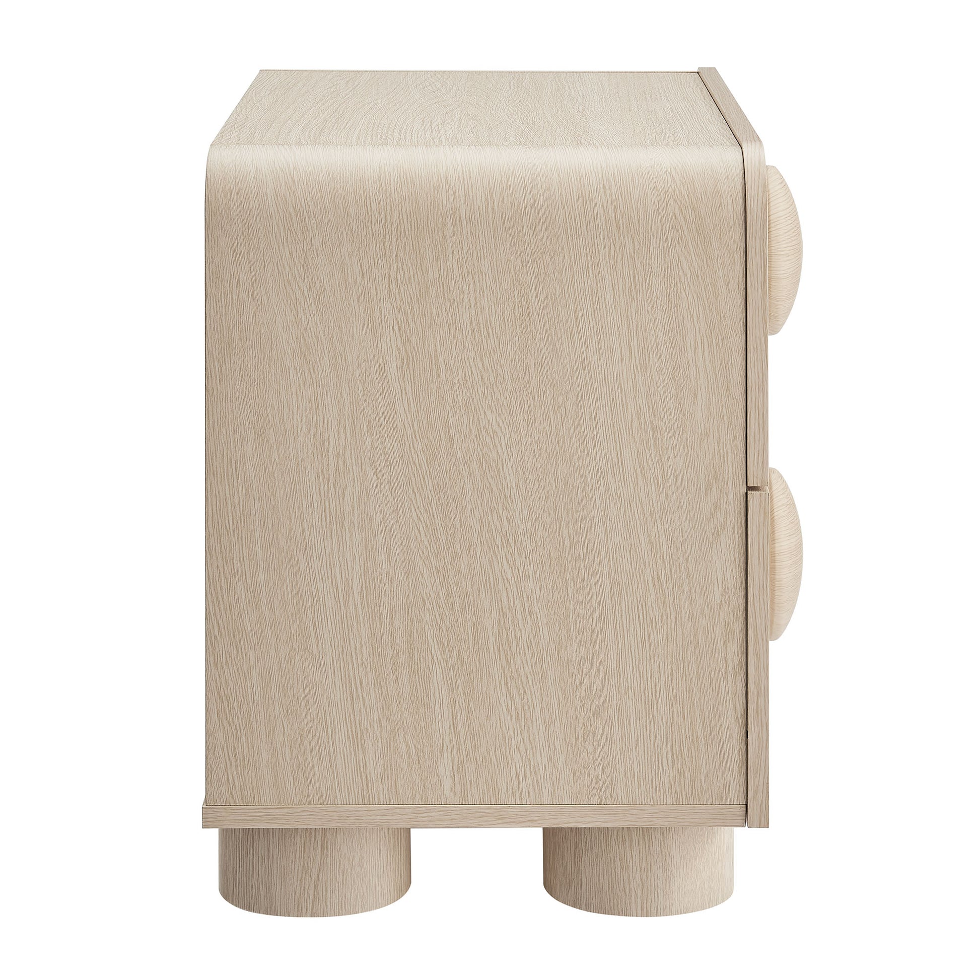 Light ash wood mini cabinet with two round drawer knobs, rectangular box on short cylindrical feet.