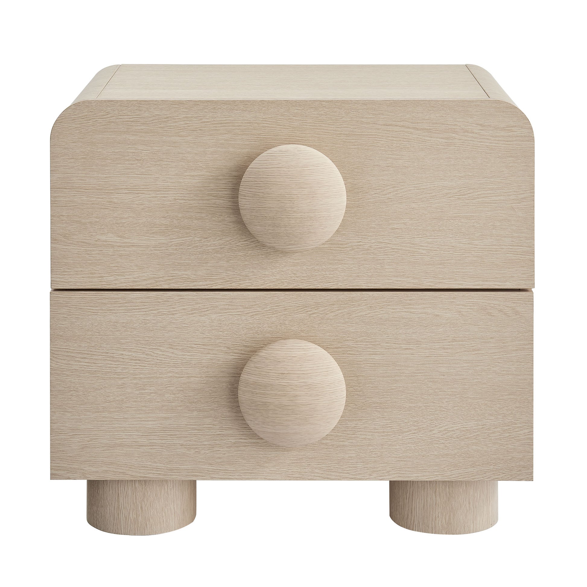 Natural ash wood two-drawer nightstand with rounded edges, circular knobs, and short cylindrical feet.