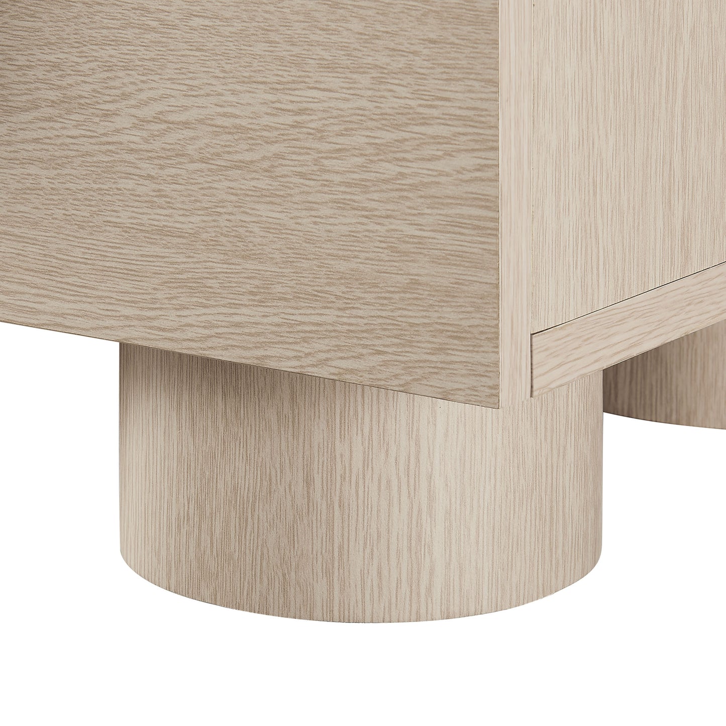 Light ash wood 2-drawer nightstand with a round cylindrical pedestal base in a minimalist design.
