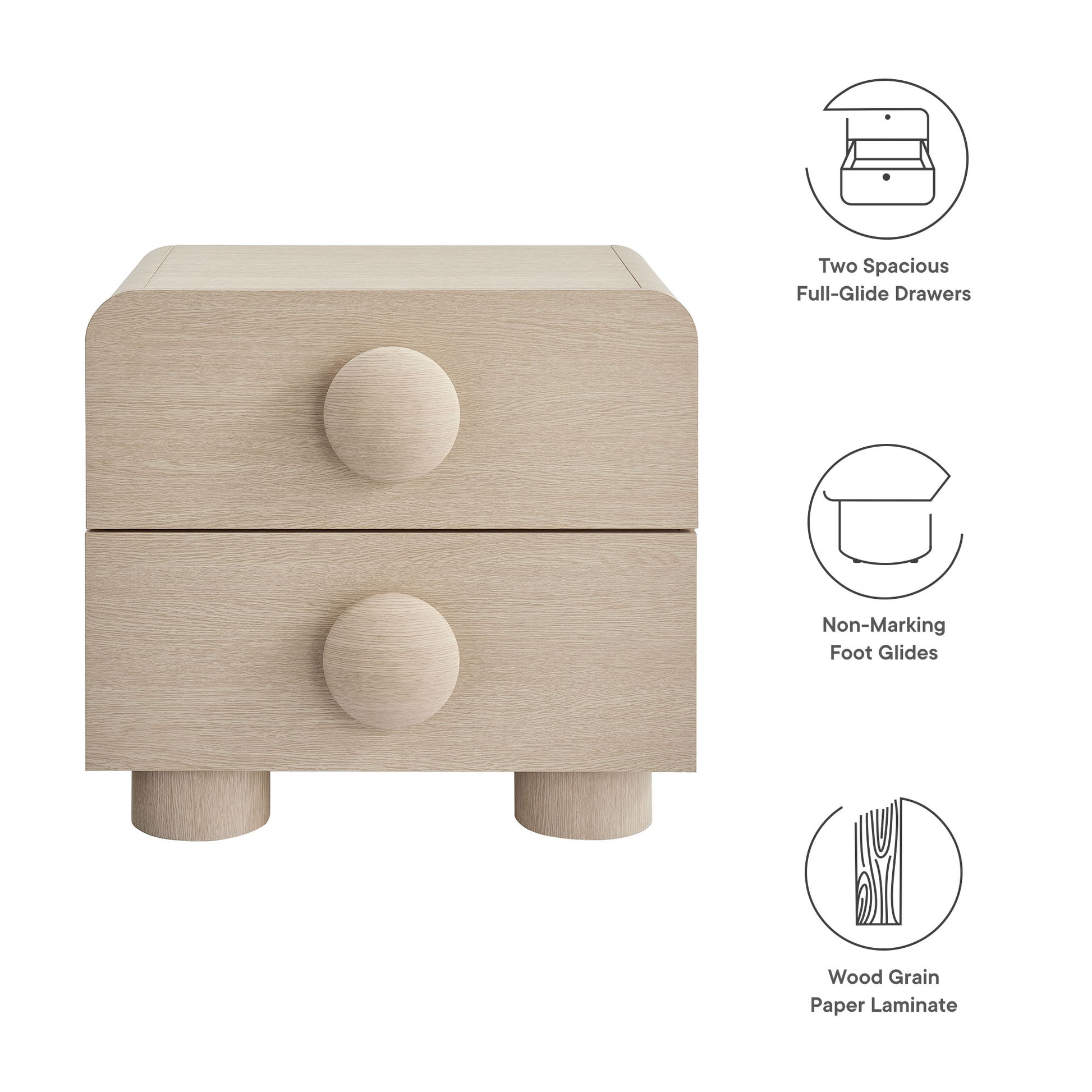 Natural ash wood grain laminate two-drawer nightstand with round knobs and short legs.