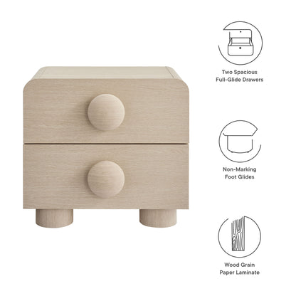 Natural ash wood grain laminate two-drawer nightstand with round knobs and short legs.