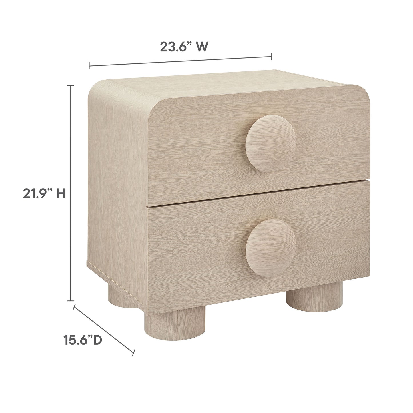 Ash wood two-drawer nightstand with rounded edges, circular knobs, and cylindrical legs; modern minimalist bedside table.