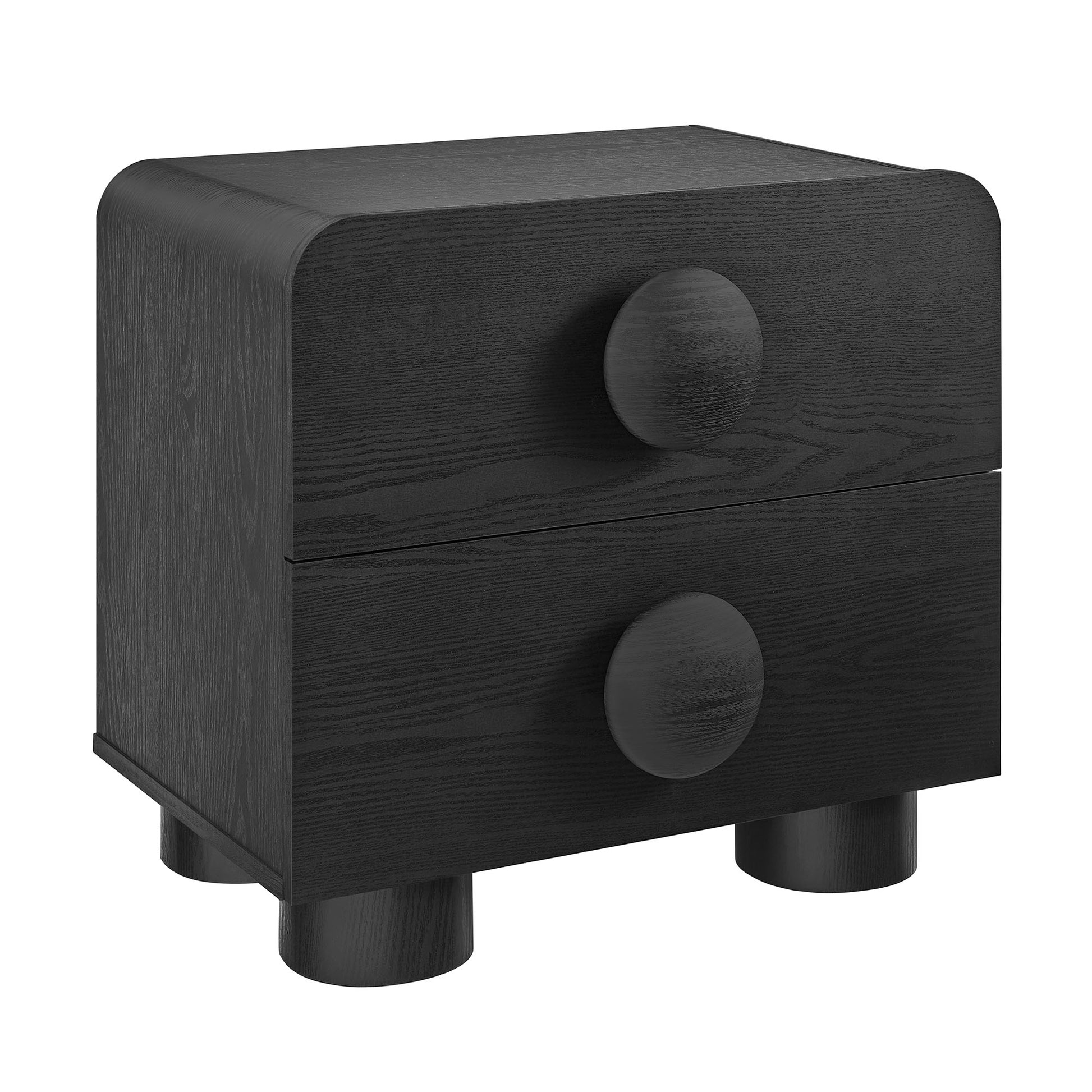 Black wood nightstand with two drawers, round knobs, rounded edges, short cylindrical legs.