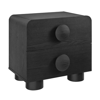 Black wood nightstand with two drawers, round knobs, rounded edges, short cylindrical legs.