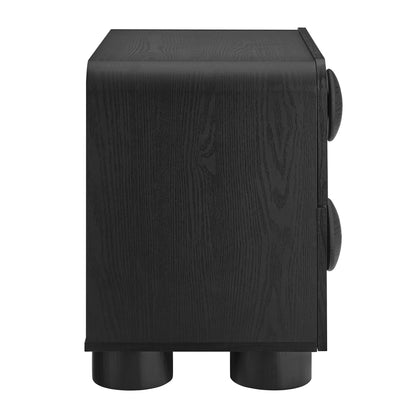 Black wood-grain 2-drawer nightstand with two round drawer pulls and short feet.