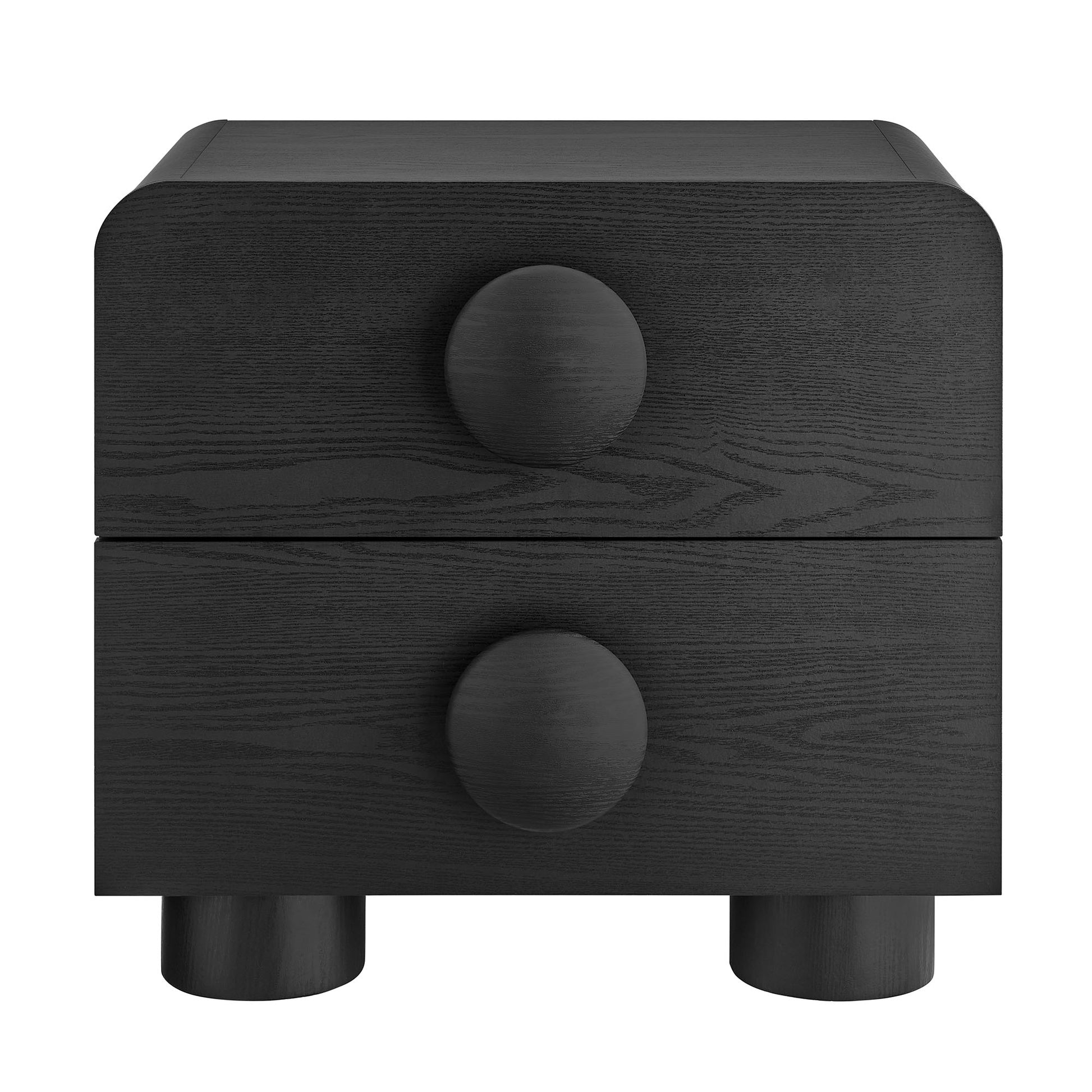 Black wood grain two-drawer nightstand with round knobs and short legs.