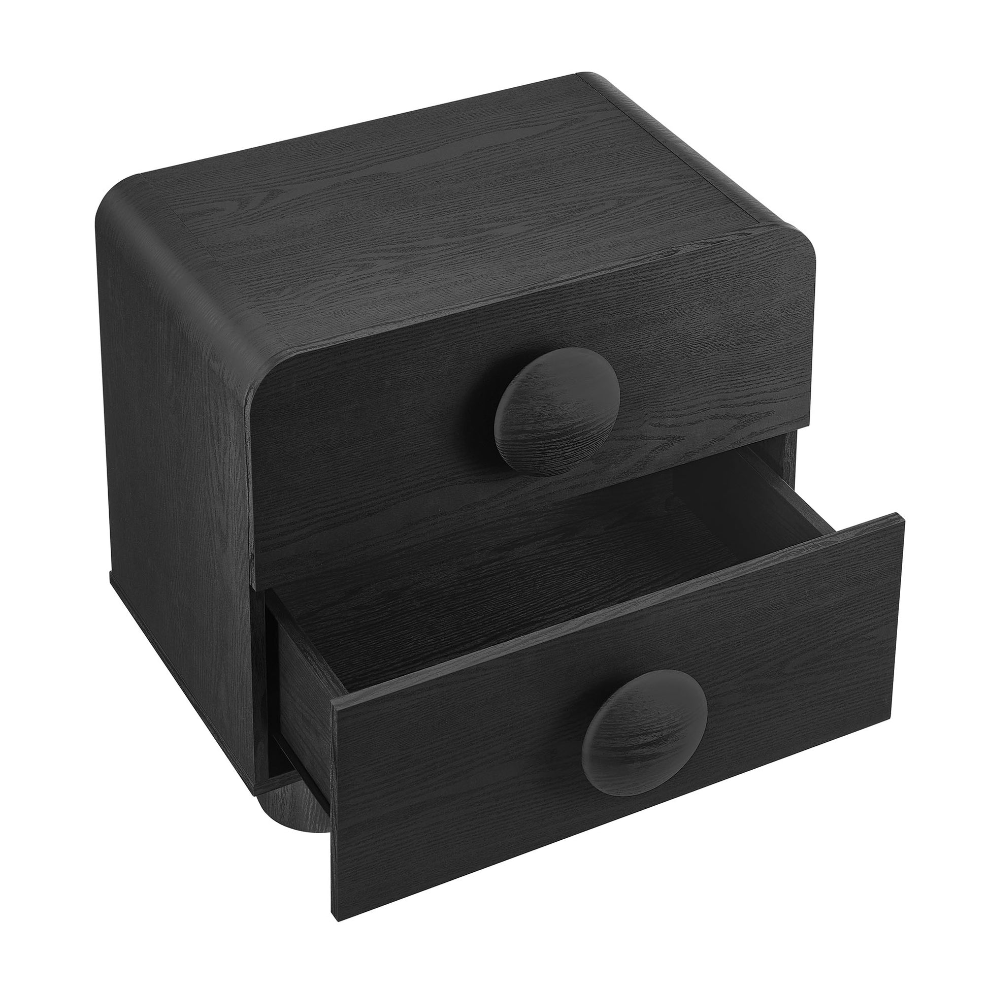 Black wood two-drawer nightstand with round knobs; compact modern bedside storage.